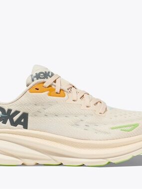 HOKA Clifton 9 Women's Neutral Running Shoe in Beige with Green Accents